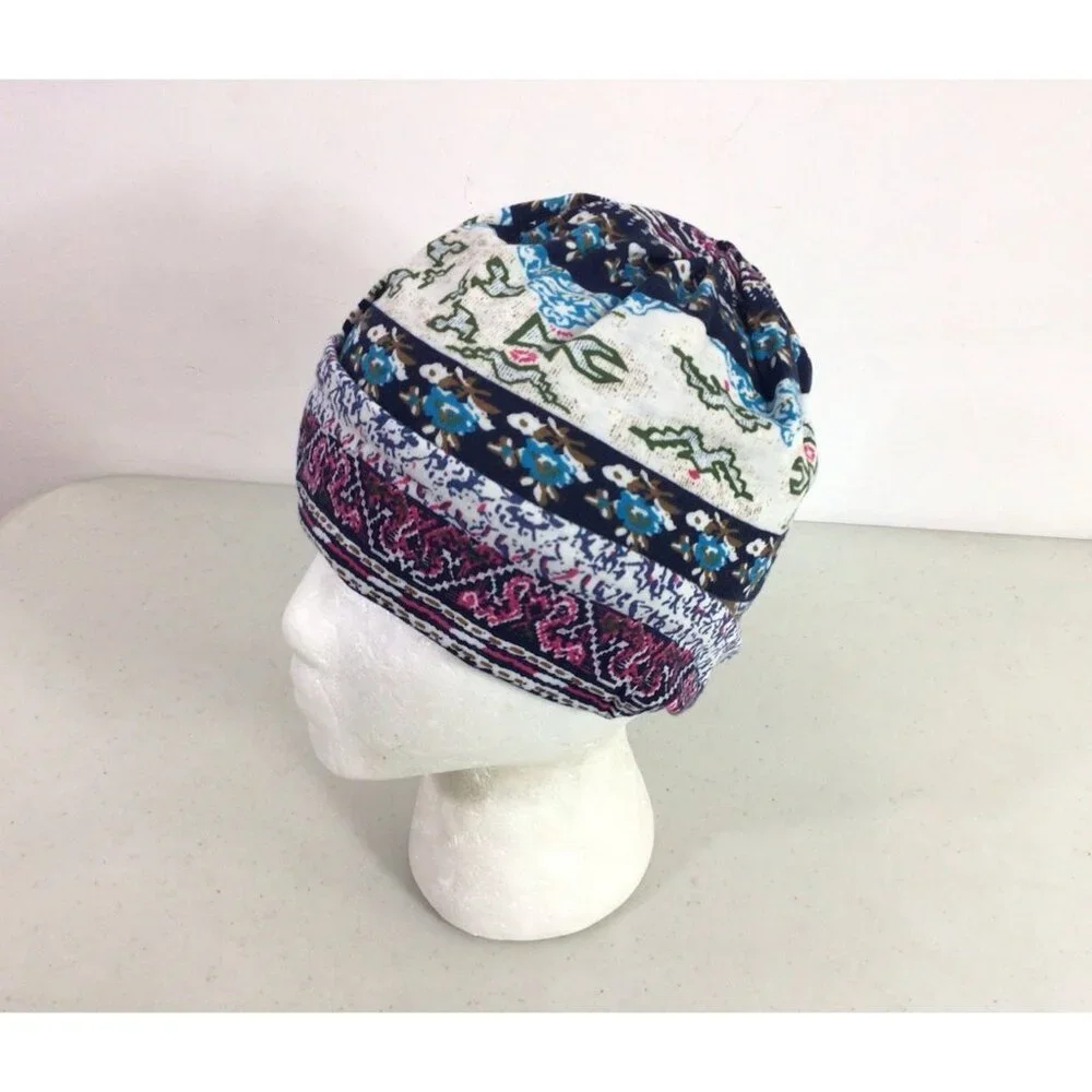 Blue Floral Winter Hat Beanie Womens One Size